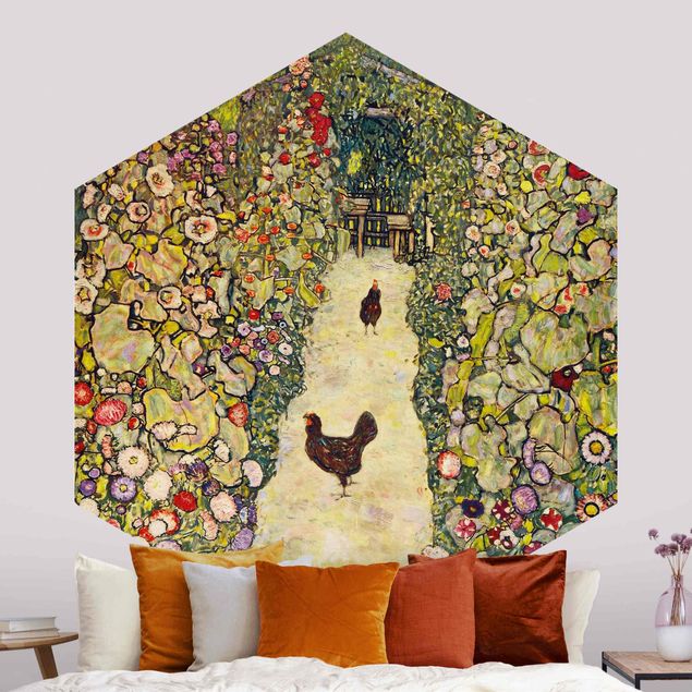 Blumentapete Gustav Klimt - Gartenweg mit Hühnern