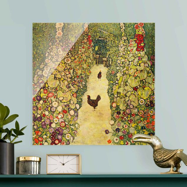 Wandbilder Glas XXL Gustav Klimt - Gartenweg mit Hühnern