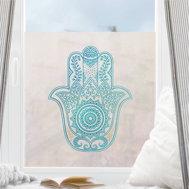 Fensterfolie Muster Hamsa Hand Illustration Mandala gold blau