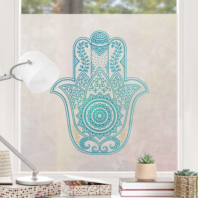 Fensterfolie Farbig Hamsa Hand Illustration Mandala gold blau