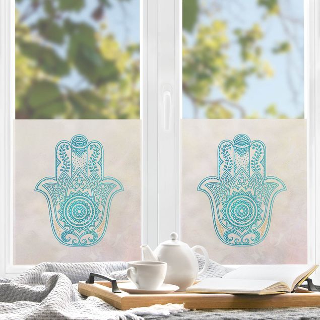 Fensterfolie Wohnzimmer Hamsa Hand Illustration Mandala gold blau