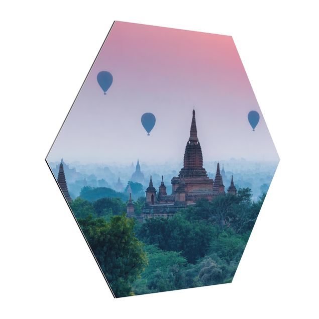 Hexagon Bild Alu-Dibond - Heißluftballons über Tempelanlage