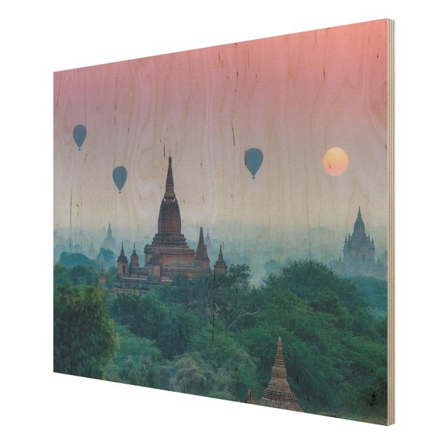 Holzbild - Heißluftballons über Tempelanlage - Querformat
