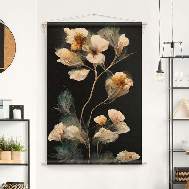Wandbehang modern Helle Blüten auf Schwarz