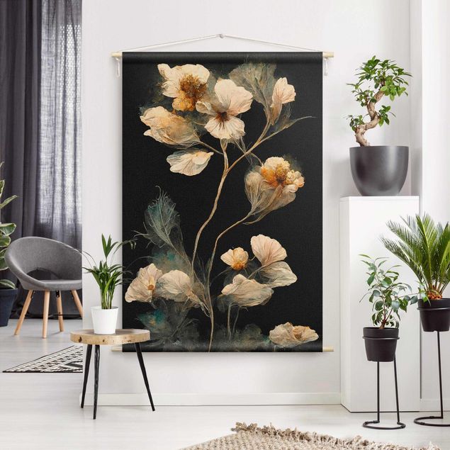 Wandbehang Vintage Helle Blüten auf Schwarz