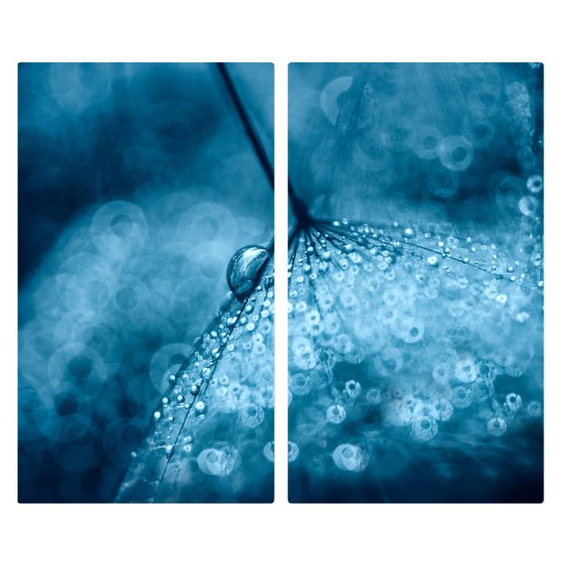 Herdabdeckplatte Glas - Blaue Pusteblume im Regen - 52x60cm