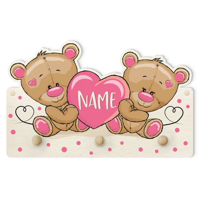 Kindergarderobe Holz - Herz Bären mit Wunschnamen rosa