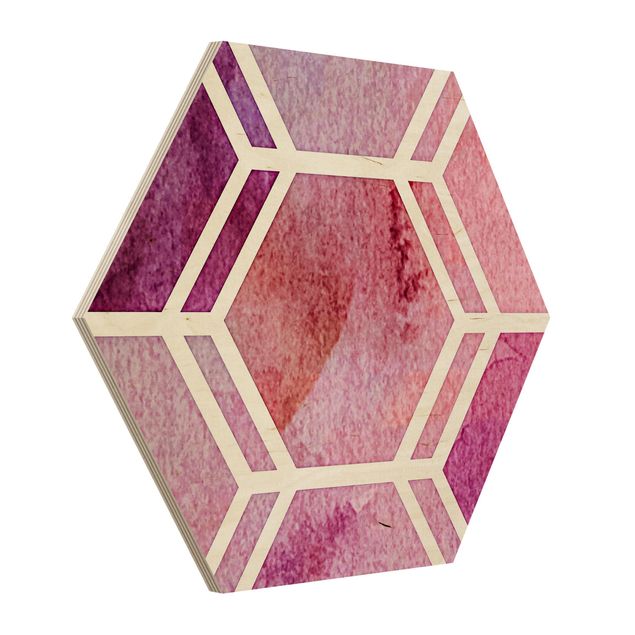 Hexagon Bild Holz - Hexagonträume Aquarell in Beere
