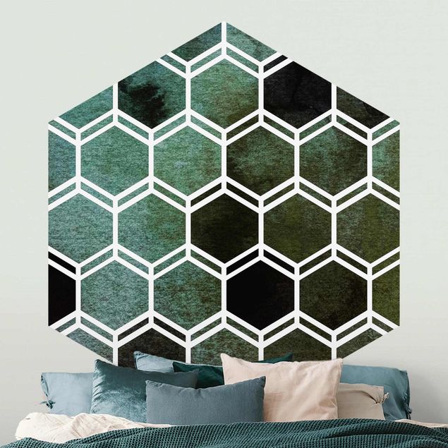 Geometrische Tapete Hexagonträume Aquarell in Grün