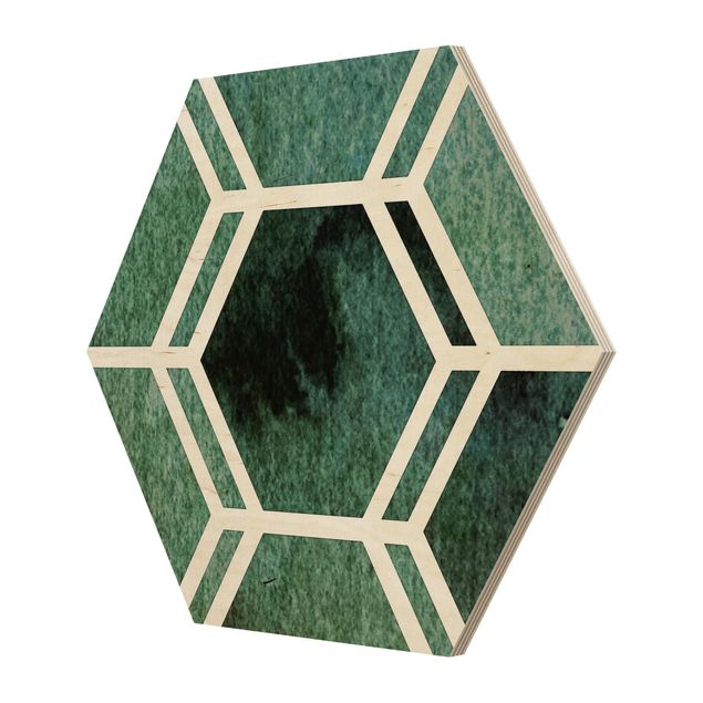 Hexagon Bild Holz - Hexagonträume Aquarell in Grün