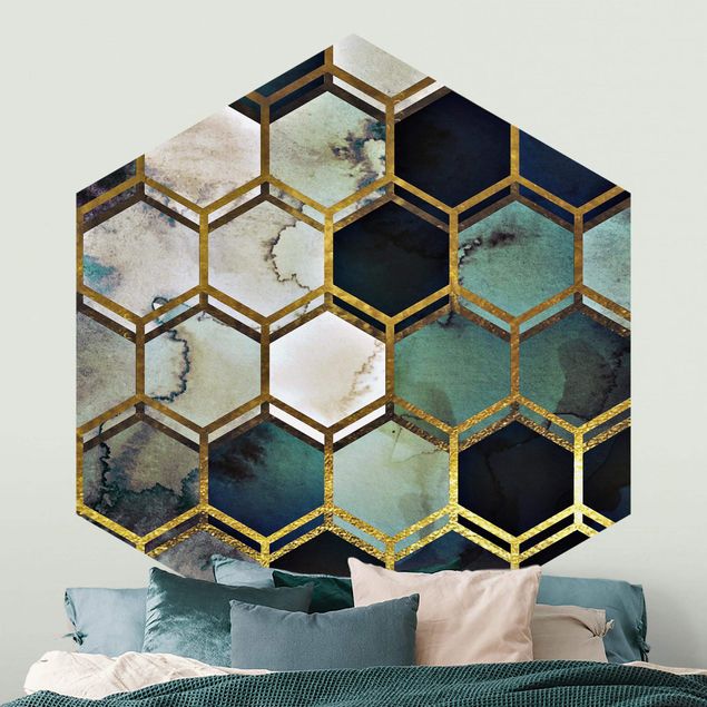 Geometrische Tapete Hexagonträume Aquarell mit Gold