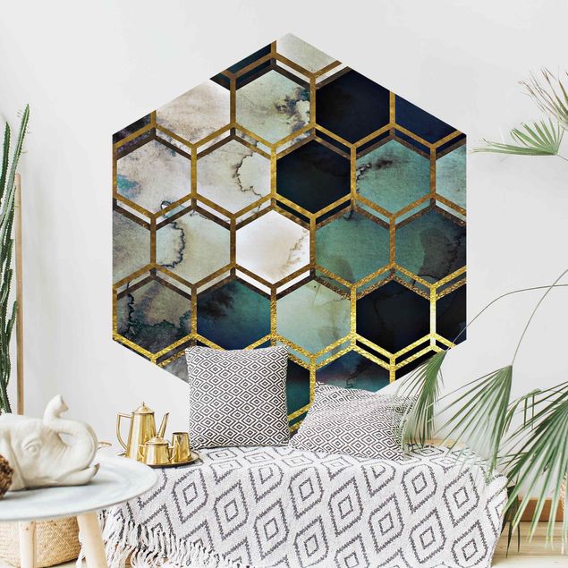 Tapeten Hexagonträume Aquarell mit Gold