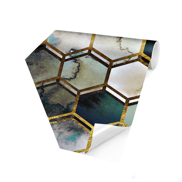 Moderne Tapeten Hexagonträume Aquarell mit Gold
