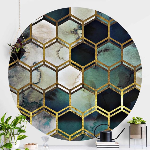 Tapeten rund Hexagonträume Aquarell mit Gold