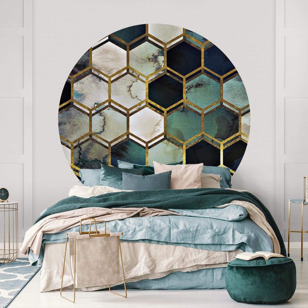 Tapete Hexagonträume Aquarell mit Gold