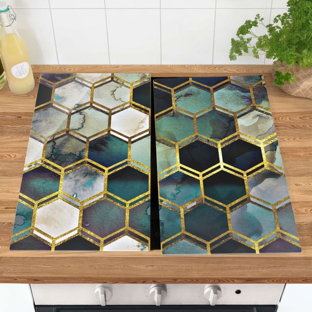 Glasabdeckung Herd Hexagonträume Aquarell mit Gold