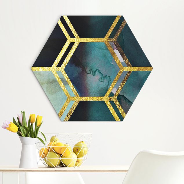 Bilder für die Wand Hexagonträume Aquarell mit Gold