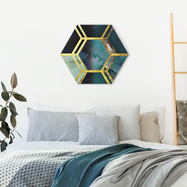 Hexagon Bild Alu-Dibond - Hexagonträume Aquarell mit Gold