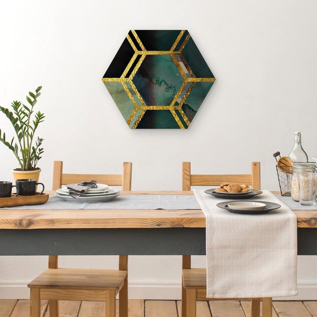 Hexagon Bild Holz - Hexagonträume Aquarell mit Gold