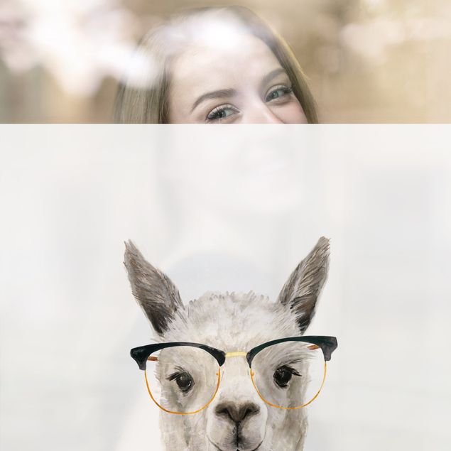Fensterbilder Weiß Hippes Lama mit Brille I