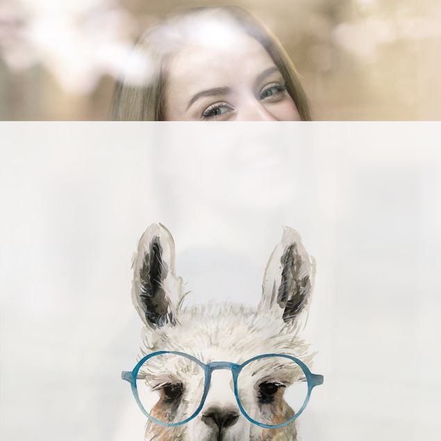 Fensterbilder Weiß Hippes Lama mit Brille III