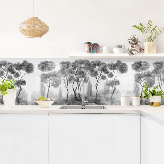 Küchenrückwand Glas Landschaft Hohe Bäume schwarz-weiß