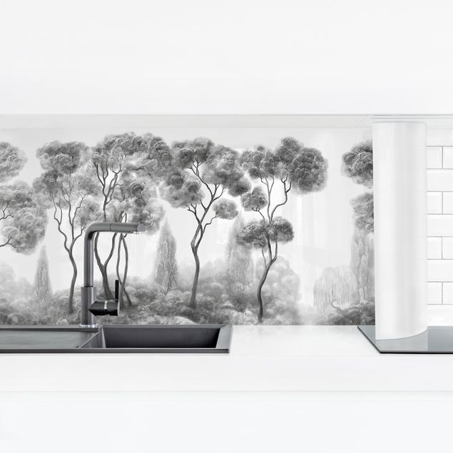 Küchenrückwand Folie Schwarz-Weiß Hohe Bäume schwarz-weiß