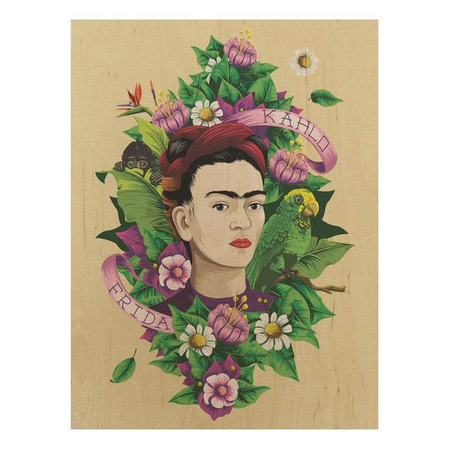 Moderne Holzbilder Frida Kahlo - Frida, Äffchen und Papagei
