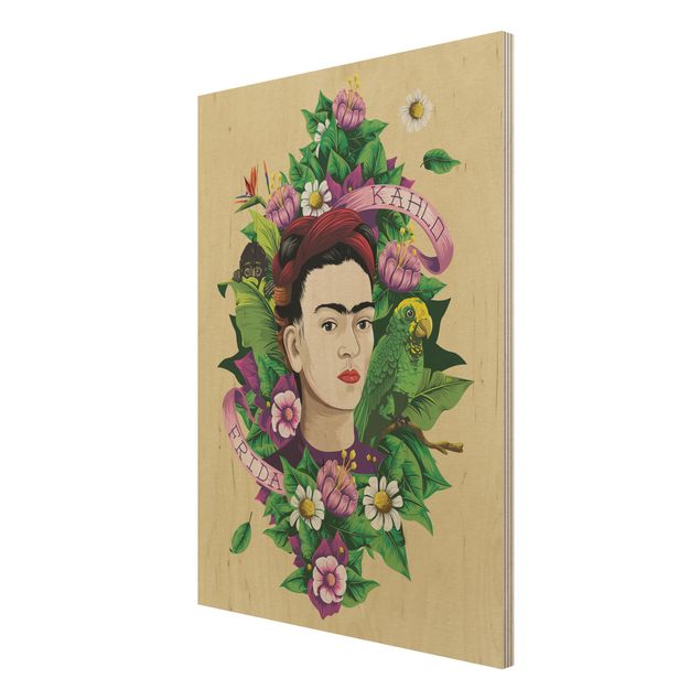 Holzbilder Spruch Frida Kahlo - Frida, Äffchen und Papagei