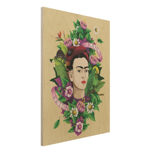 Holzbilder mit Blumen Frida Kahlo - Frida, Äffchen und Papagei