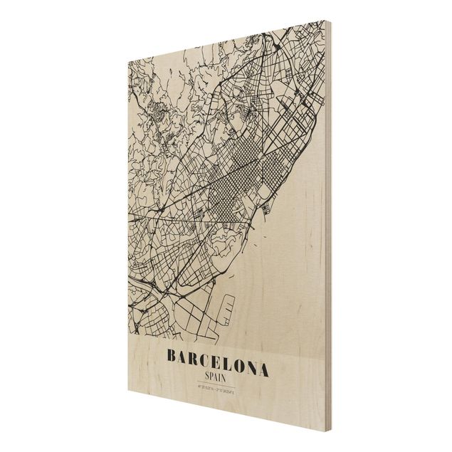 Holzbild Skyline Stadtplan Barcelona - Klassik