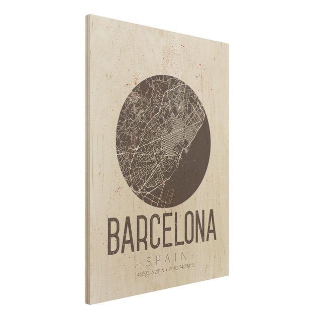Wandbild Holz Vintage Stadtplan Barcelona - Retro