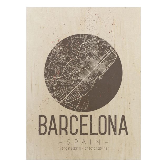 Holzbilder modern Stadtplan Barcelona - Retro