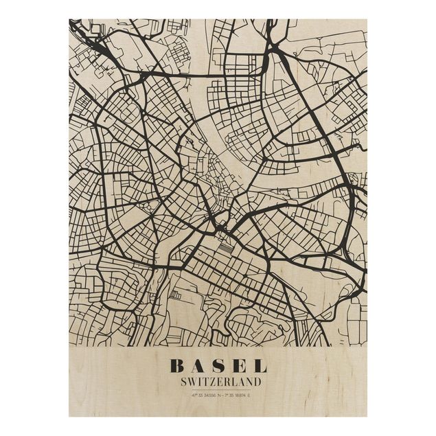 Holzbild mit Spruch Stadtplan Basel - Klassik