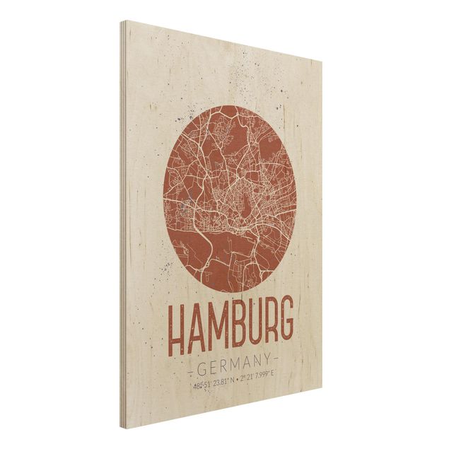 Vintage Bilder Holz Stadtplan Hamburg - Retro