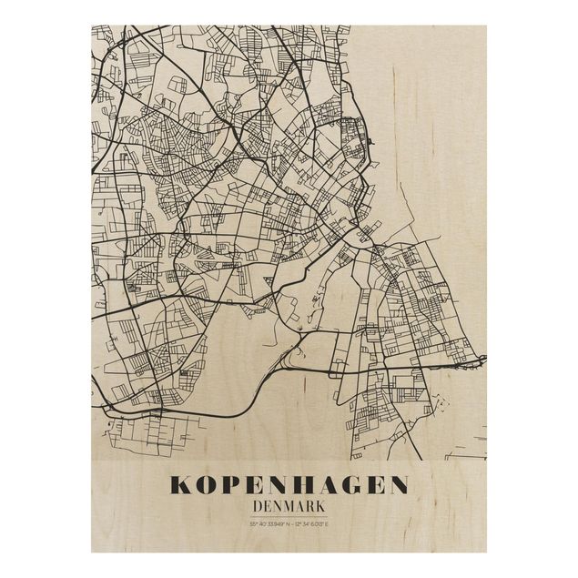 Holzbild mit Spruch Stadtplan Kopenhagen - Klassik