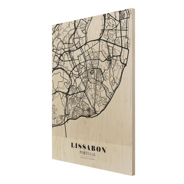 Holzbild Skyline Stadtplan Lissabon - Klassik