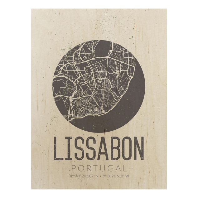 Moderne Holzbilder Stadtplan Lissabon - Retro