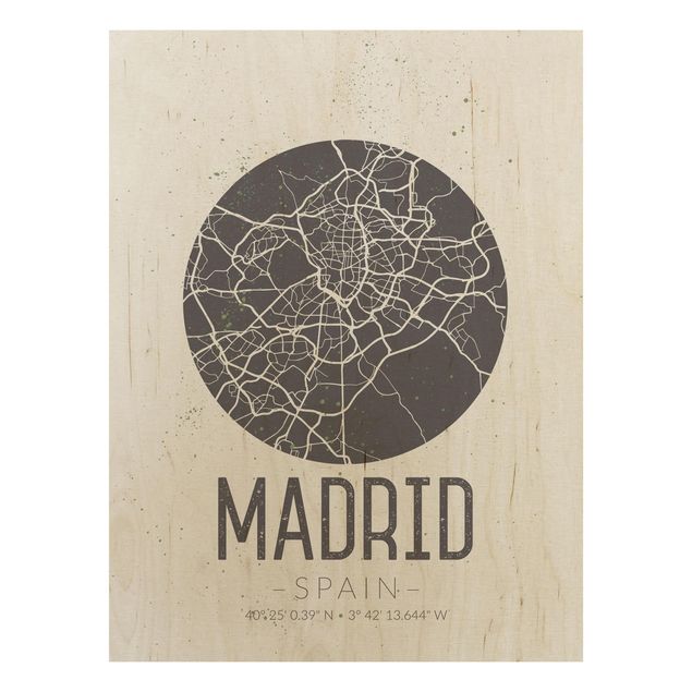 Moderne Holzbilder Stadtplan Madrid - Retro