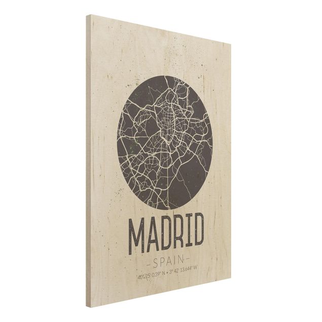 Holzbilder Vintage Stadtplan Madrid - Retro