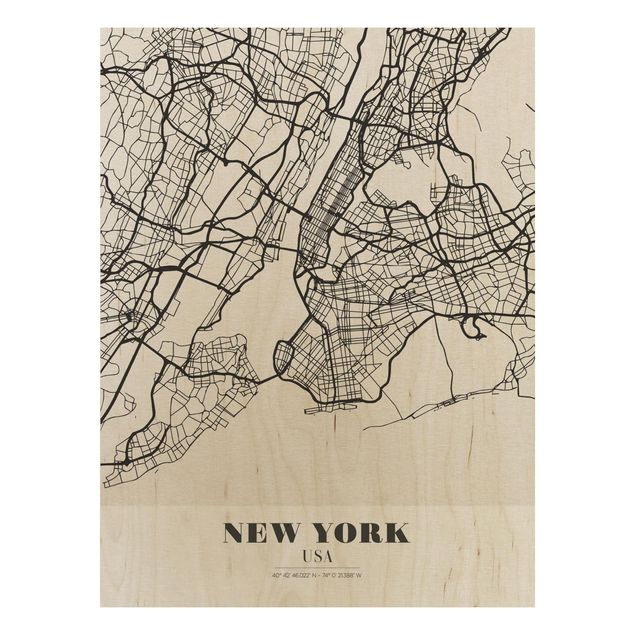 Holzbild mit Spruch Stadtplan New York - Klassik