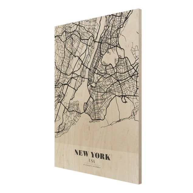 Holzbild Skyline Stadtplan New York - Klassik