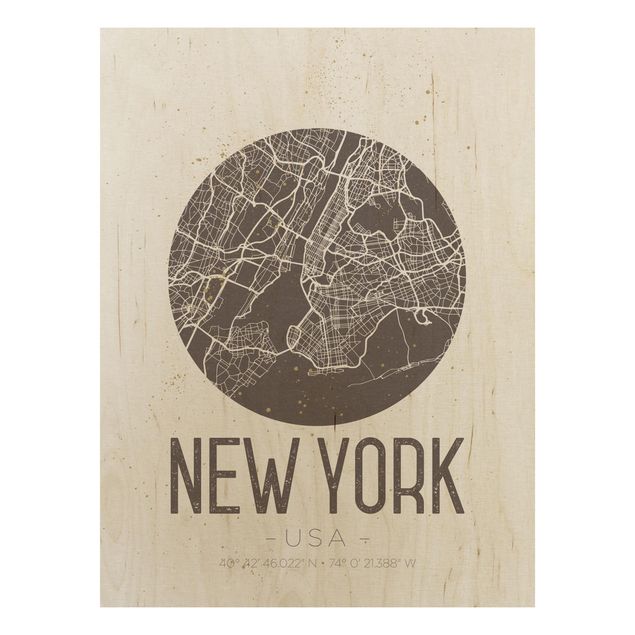 Moderne Holzbilder Stadtplan New York - Retro