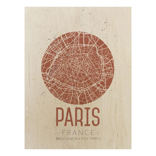 Holzbilder modern Stadtplan Paris - Retro