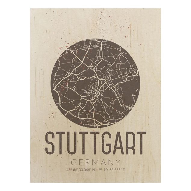 Holzbilder modern Stadtplan Stuttgart - Retro