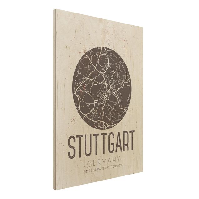 Wandbild Holz Vintage Stadtplan Stuttgart - Retro