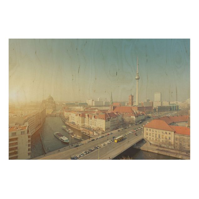 Holzbild Skyline Berlin am Morgen