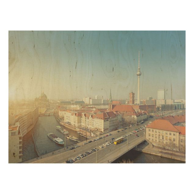 Holzbild Skyline Berlin am Morgen