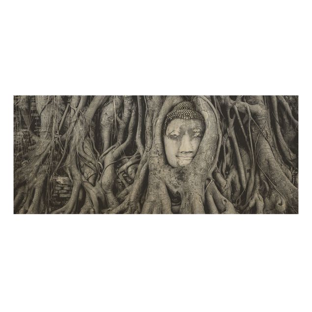 Holzbild Natur Buddha in Ayutthaya von Baumwurzeln gesäumt in Schwarzweiß