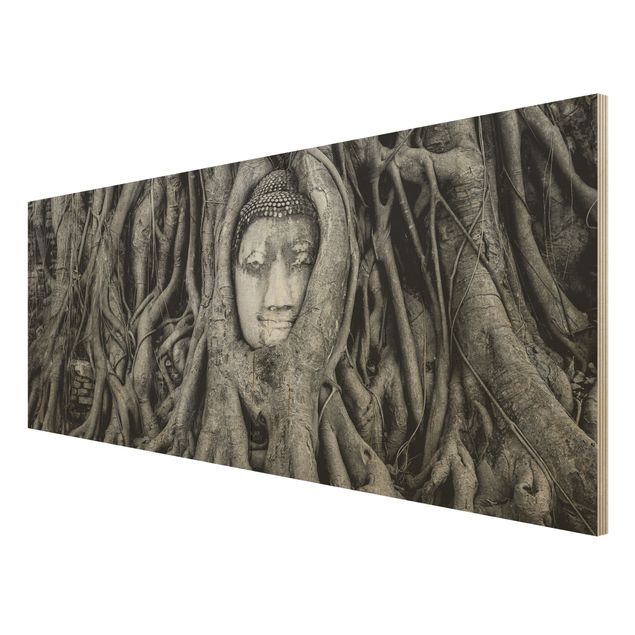Moderne Holzbilder Buddha in Ayutthaya von Baumwurzeln gesäumt in Schwarzweiß